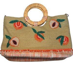 America & Beyond Peach Tote Bag | Beaded‎ Jute Wooden Handles